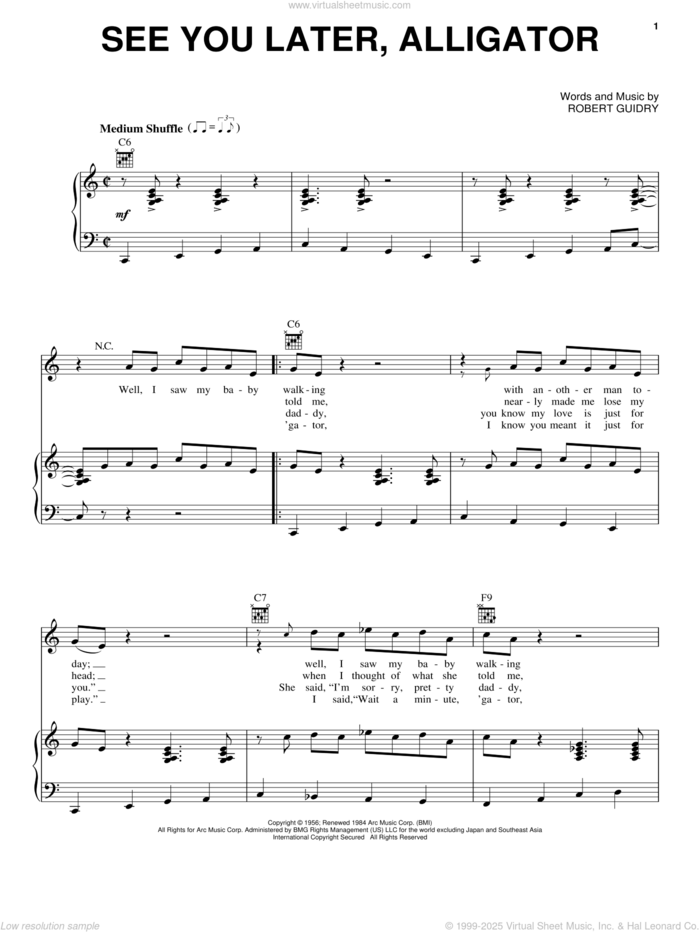 See You Later, Alligator sheet music for voice, piano or guitar by Bill Haley & His Comets and Robert Guidry, intermediate skill level