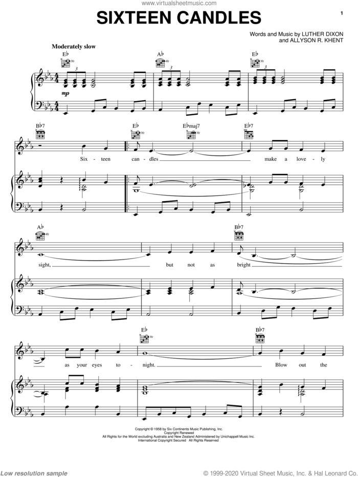 Sixteen Candles sheet music for voice, piano or guitar by The Crests, Allyson Khent and Luther Dixon, intermediate skill level