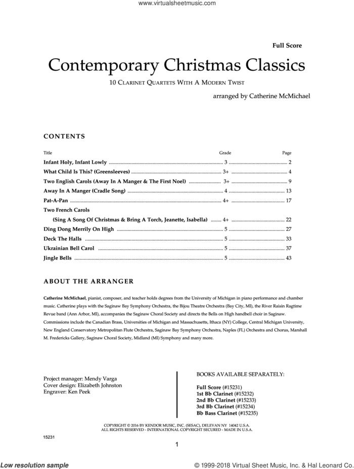 Contemporary Christmas Classics - Full Score sheet music for clarinet quartet by Catherine McMichael, intermediate skill level