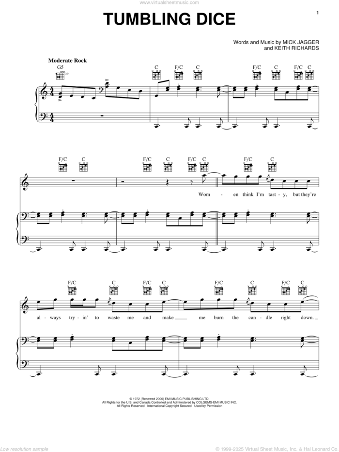 Tumbling Dice sheet music for voice, piano or guitar by The Rolling Stones, Keith Richards and Mick Jagger, intermediate skill level