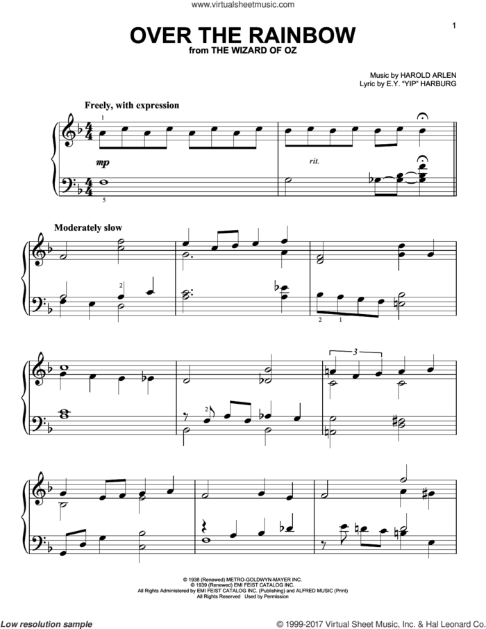 Over The Rainbow sheet music for piano solo by Harold Arlen and E.Y. Harburg, easy skill level