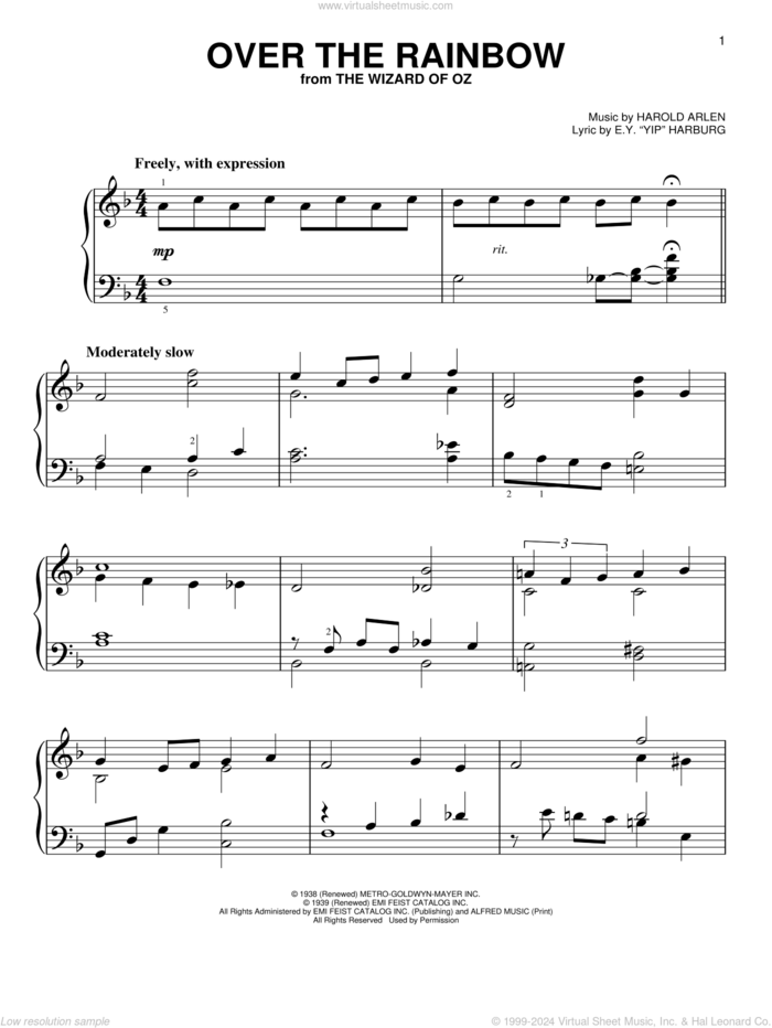 Over The Rainbow, (easy) sheet music for piano solo by Harold Arlen and E.Y. Harburg, easy skill level