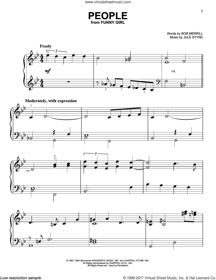 People, (easy) sheet music for piano solo by Barbra Streisand, Bob Merrill and Jule Styne, easy skill level