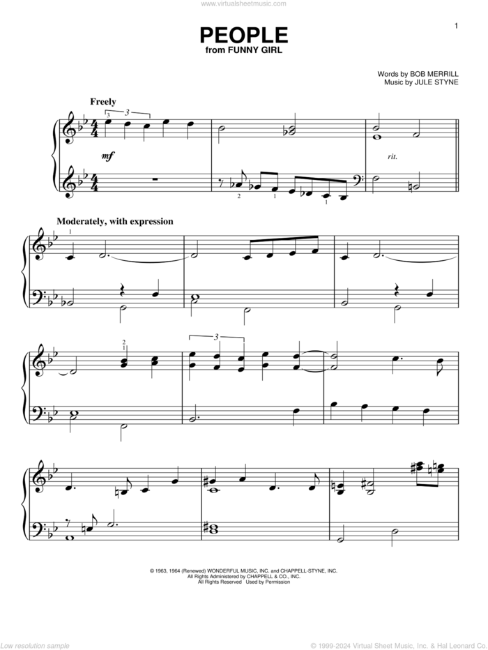 People, (easy) sheet music for piano solo by Barbra Streisand, Bob Merrill and Jule Styne, easy skill level