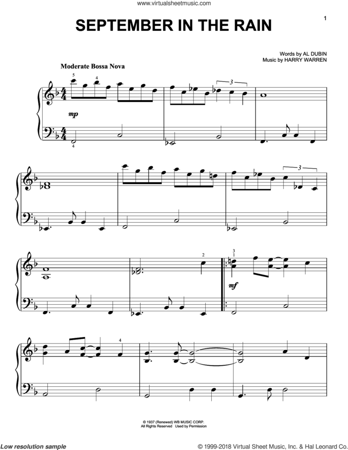 September In The Rain sheet music for piano solo by Al Dubin and Harry Warren, easy skill level