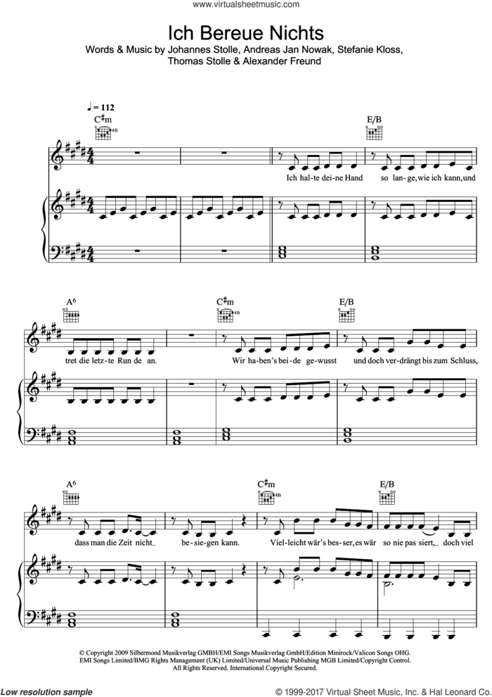 Ich Bereue Nichts sheet music for voice, piano or guitar by Silbermond, intermediate skill level