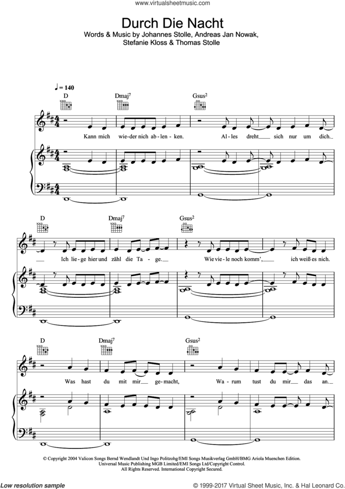Durch Die Nacht sheet music for voice, piano or guitar by Silbermond, intermediate skill level
