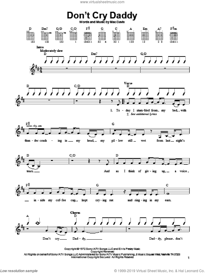 Don't Cry Daddy sheet music for guitar solo (chords) by Elvis Presley and Mac Davis, easy guitar (chords)