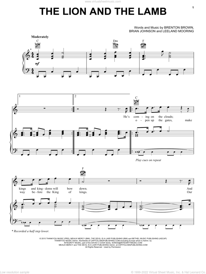 The Lion And The Lamb sheet music for voice, piano or guitar by Big Daddy Weave, Brenton Brown, Brian Johnson and Leeland Mooring, intermediate skill level