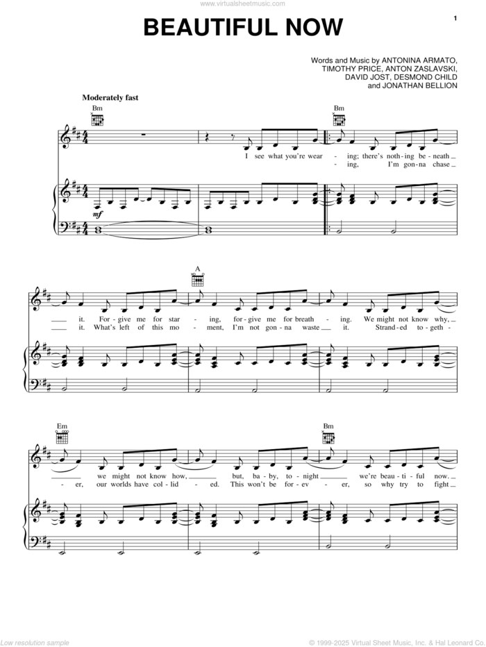 Beautiful Now sheet music for voice, piano or guitar by Zedd, Anton Zaslavski, Antonina Armato, David Jost, Desmond Child, Jonathan Bellion and Timothy Price, intermediate skill level