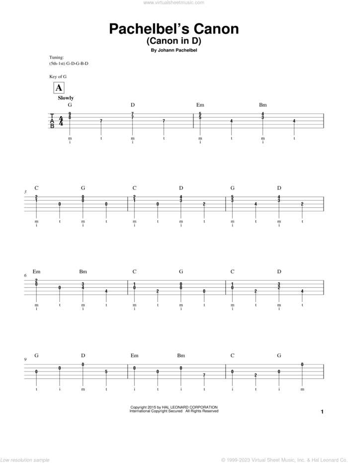 Canon In D sheet music for banjo solo by Johann Pachelbel, classical wedding score, intermediate skill level