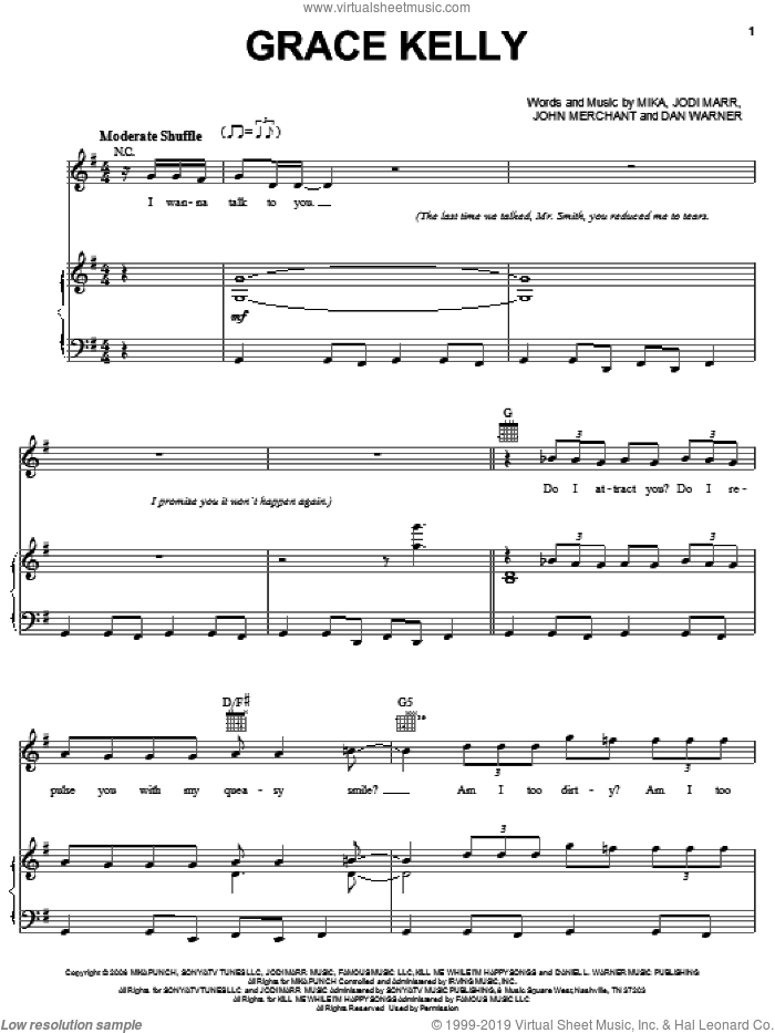 Grace Kelly sheet music for voice, piano or guitar by Mika, Dan Warner, Jodi Marr and John Merchant, intermediate skill level