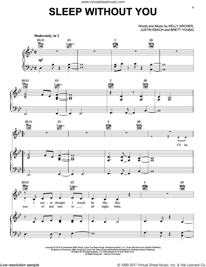 Sleep Without You sheet music for voice, piano or guitar by Brett Young, Justin Ebach and Kelly Archer, intermediate skill level