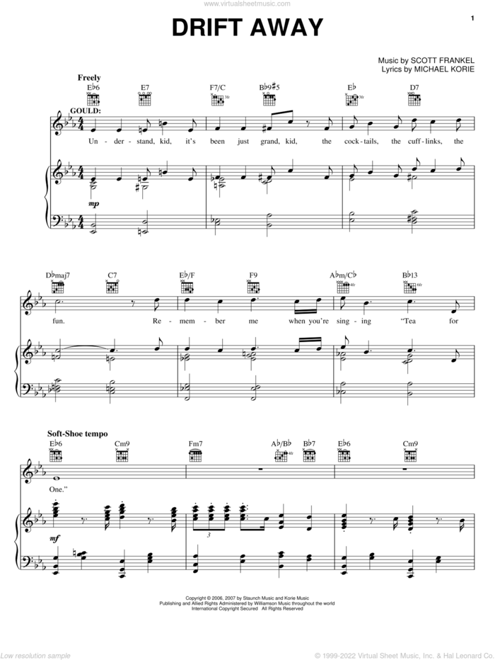 Drift Away sheet music for voice, piano or guitar by Michael Korie, Grey Gardens (Musical) and Scott Frankel, intermediate skill level