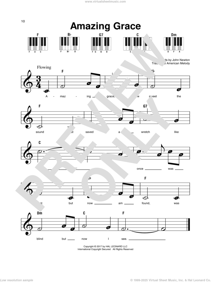 Amazing Grace sheet music for piano solo by John Newton, Edwin O. Excell and Miscellaneous, wedding score, beginner skill level
