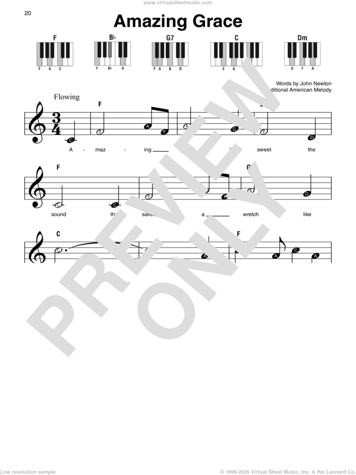 Amazing Grace sheet music for piano solo by John Newton, Edwin O. Excell and Miscellaneous, wedding score, beginner skill level
