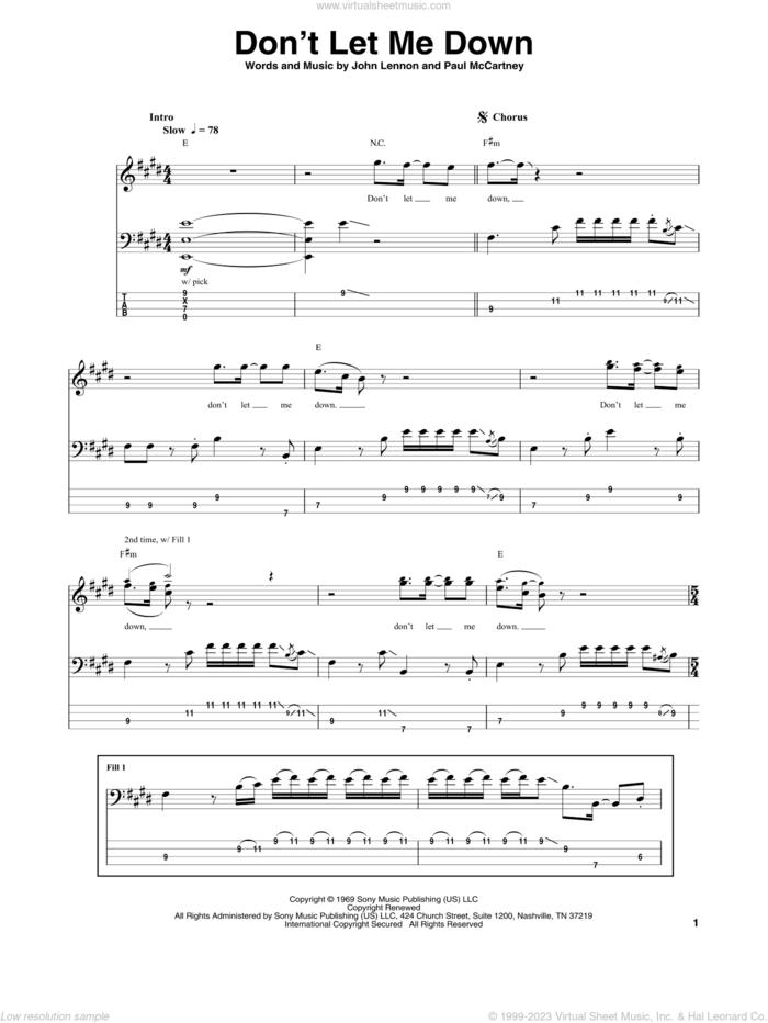 Don't Let Me Down sheet music for bass (tablature) (bass guitar) by The Beatles, John Lennon and Paul McCartney, intermediate skill level