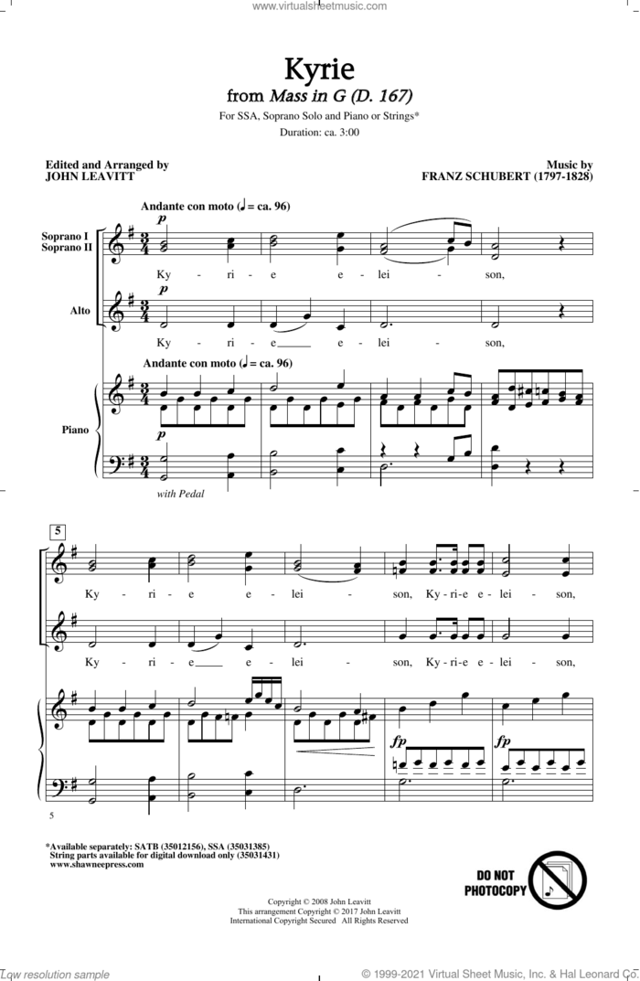 Kyrie sheet music for choir (SSA: soprano, alto) by Franz Schubert and John Leavitt, intermediate skill level