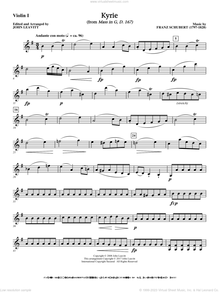 Kyrie (from Mass In G D. 167) sheet music for orchestra/band (violin i) by Franz Schubert and John Leavitt, intermediate skill level