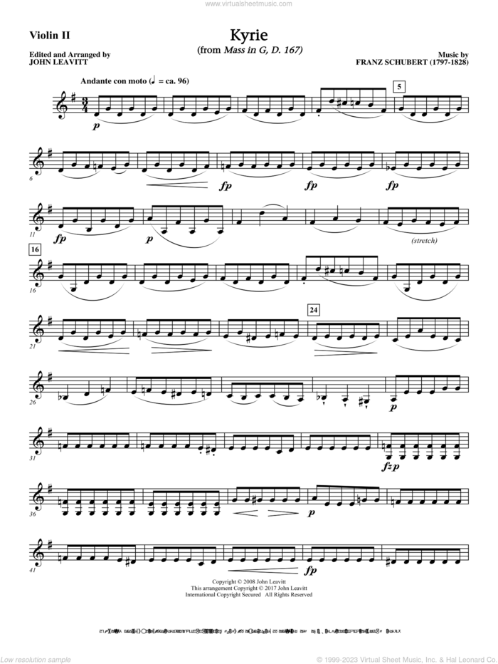 Kyrie (from Mass In G D. 167) sheet music for orchestra/band (violin ii) by Franz Schubert and John Leavitt, intermediate skill level