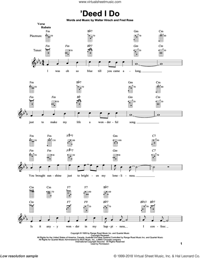 'Deed I Do sheet music for banjo solo by Fred Rose and Walter Hirsch, intermediate skill level
