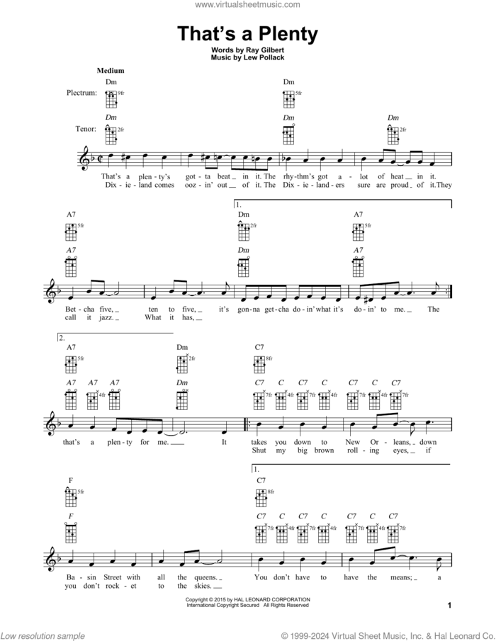 That's A Plenty sheet music for banjo solo by Ray Gilbert and Lew Pollack, intermediate skill level