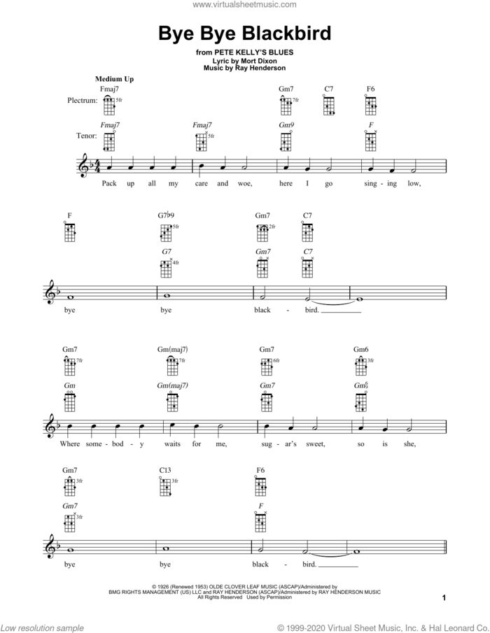 Bye Bye Blackbird sheet music for banjo solo by Ray Henderson and Mort Dixon, intermediate skill level