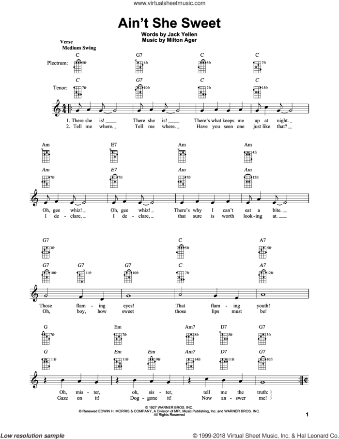 Ain't She Sweet sheet music for banjo solo by The Beatles, Jack Yellen and Milton Ager, intermediate skill level