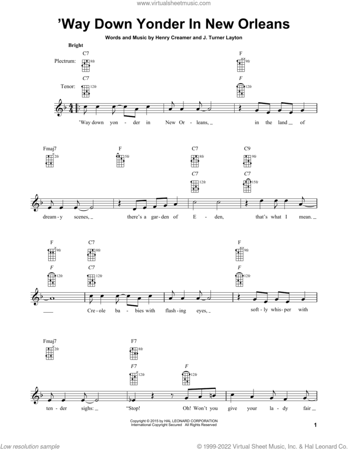 'Way Down Yonder In New Orleans sheet music for banjo solo by Henry Creamer and Turner Layton, Blossom Seely, Freddy Cannon, Henry Creamer and Turner Layton, intermediate skill level