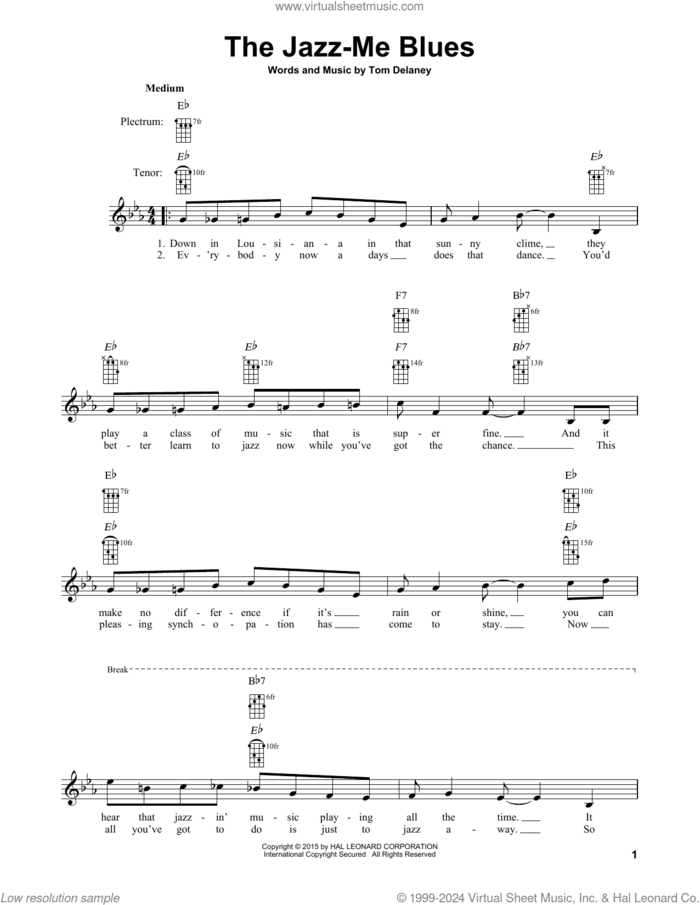 The Jazz-Me Blues sheet music for banjo solo by Tom Delaney and Bix Beiderbecke, intermediate skill level