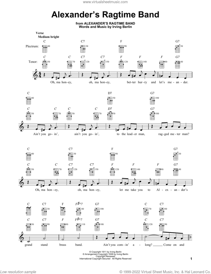 Alexander's Ragtime Band sheet music for banjo solo by Irving Berlin, Alice Faye and Emma Carus, intermediate skill level