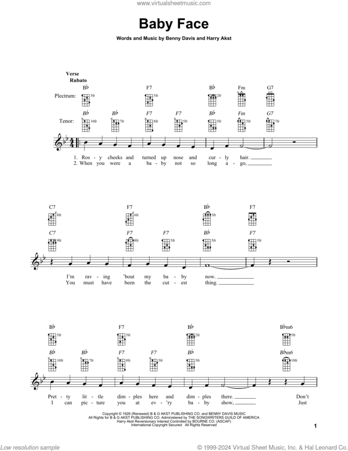 Baby Face sheet music for banjo solo by Harry Akst, Bobby Darin, Little Richard, Wing & A Prayer Fife & Drum Cp and Benny Davis, intermediate skill level