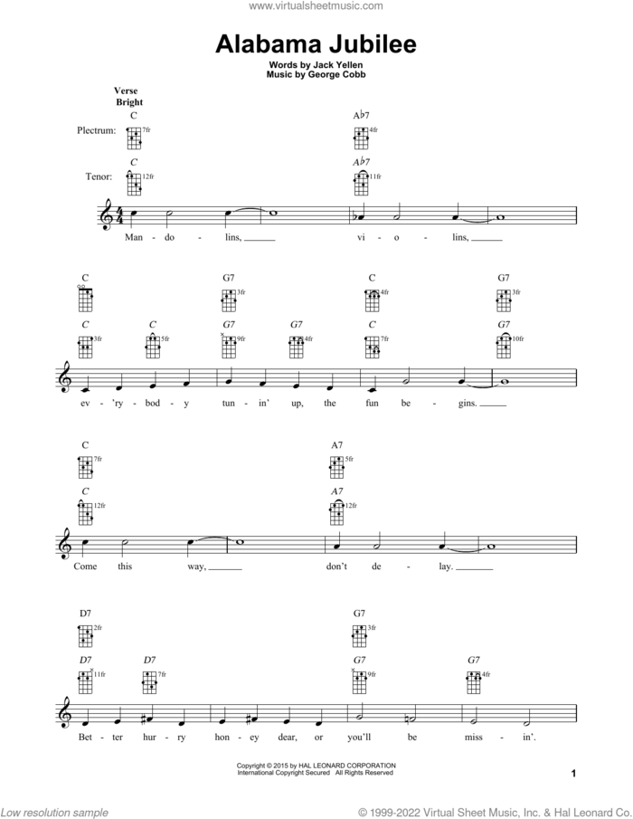 Alabama Jubilee sheet music for banjo solo by Jack Yellen, Arthur Collins & Byron Harlan, Ferco String Band and George L. Cobb, intermediate skill level
