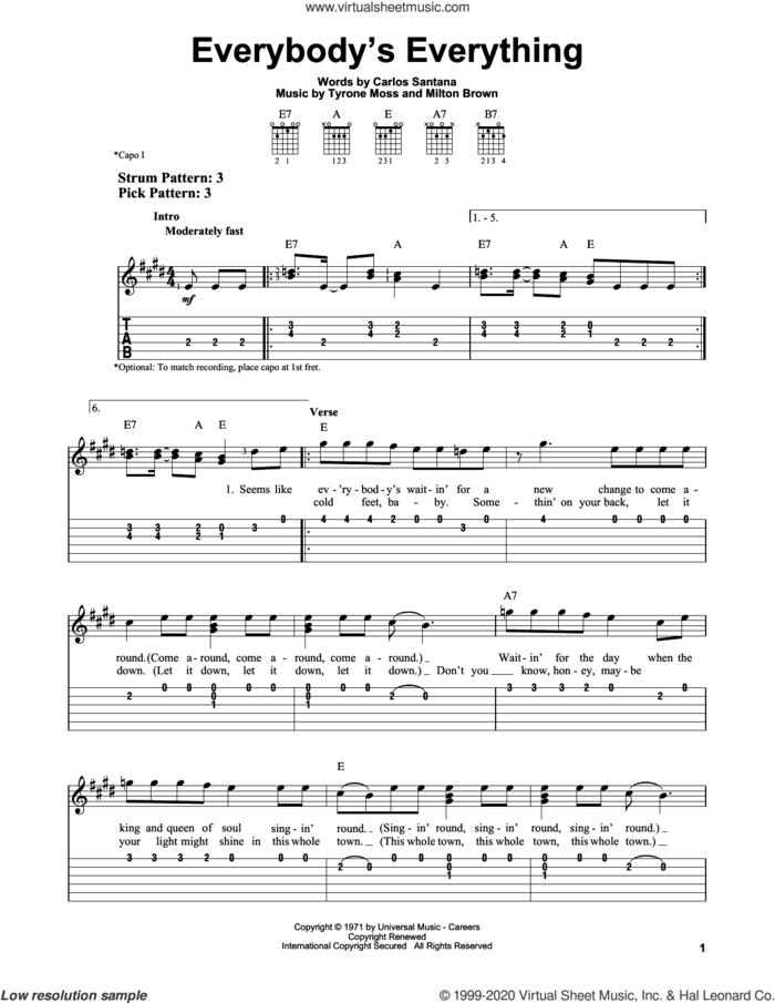 Everybody's Everything sheet music for guitar solo (easy tablature) by Carlos Santana, Milton Brown and Tyrone Moss, easy guitar (easy tablature)