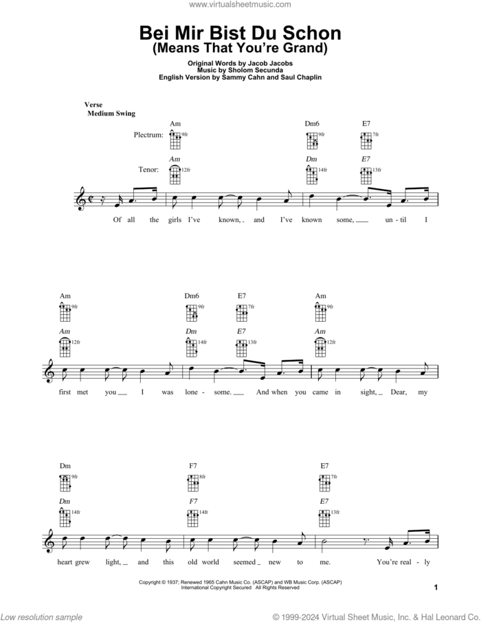 Bei Mir Bist Du Schon (Means That You're Grand) sheet music for banjo solo by Sammy Cahn, Louis Prima & Keely Smith, Jacob Jacobs, Saul Chaplin and Sholom Secunda, intermediate skill level