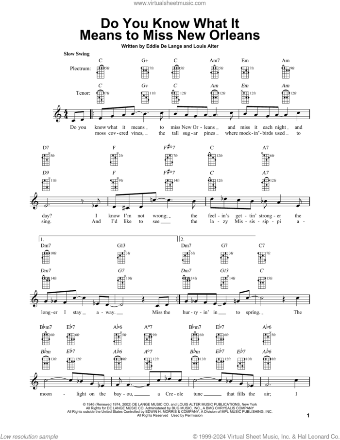 Do You Know What It Means To Miss New Orleans sheet music for banjo solo by Eddie DeLange and Louis Alter, intermediate skill level