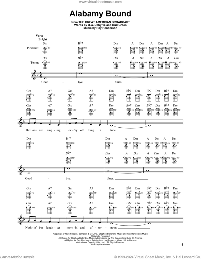 Alabamy Bound sheet music for banjo solo by Buddy DeSylva, Blossom Seely, The Ink Spots, Bud Green and Ray Henderson, intermediate skill level