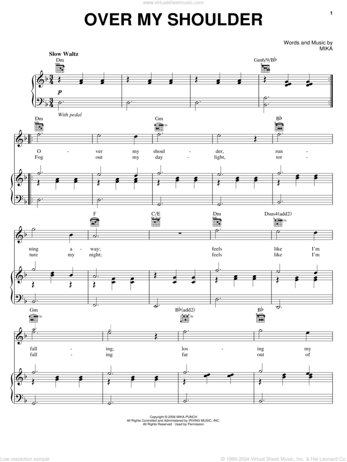 Over My Shoulder sheet music for voice, piano or guitar by Mika, intermediate skill level