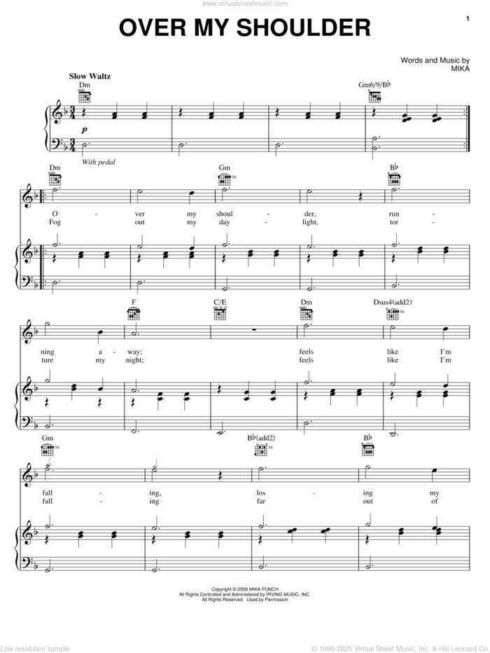 Over My Shoulder sheet music for voice, piano or guitar by Mika, intermediate skill level