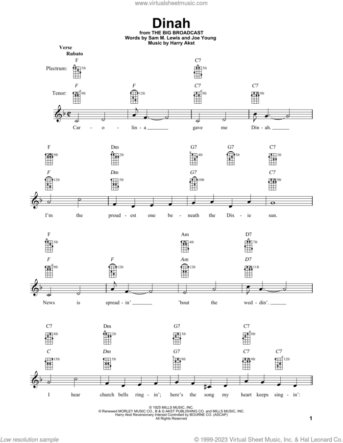 Dinah sheet music for banjo solo by Harry Akst, Joe Young and Sam Lewis, intermediate skill level