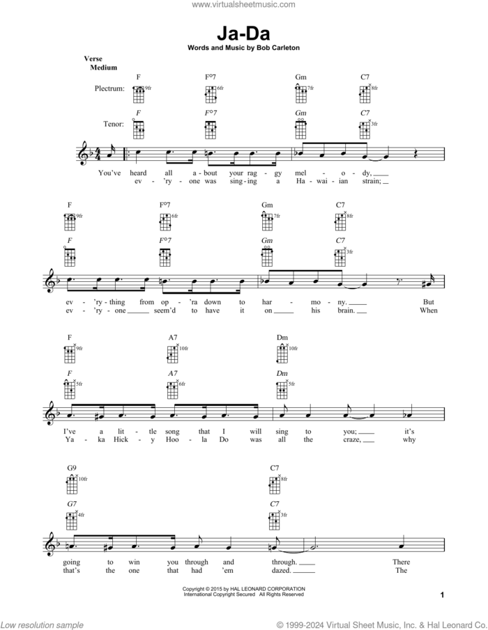 Ja-Da sheet music for banjo solo by Bob Carleton, intermediate skill level