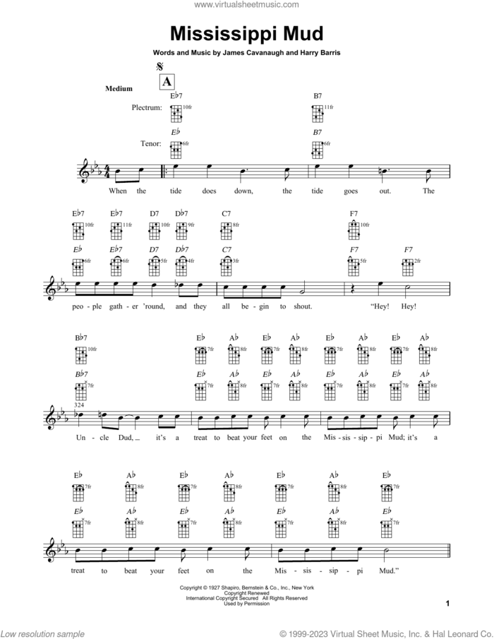 Mississippi Mud sheet music for banjo solo by James Cavanaugh and Harry Barris, intermediate skill level