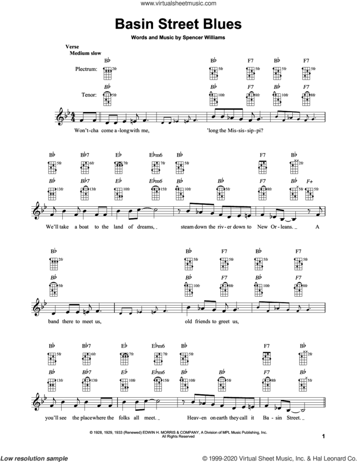 Basin Street Blues sheet music for banjo solo by Spencer Williams, intermediate skill level