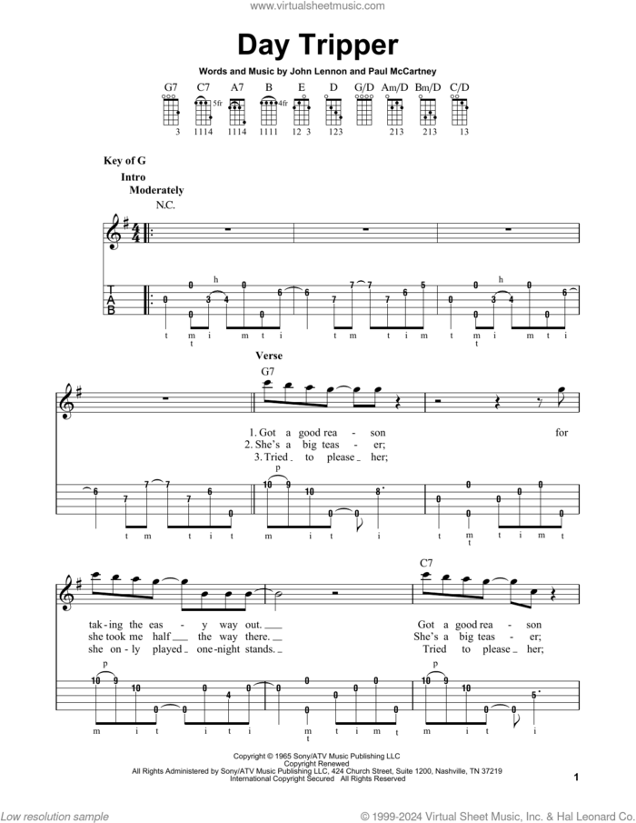 Day Tripper sheet music for banjo solo by The Beatles, John Lennon and Paul McCartney, intermediate skill level