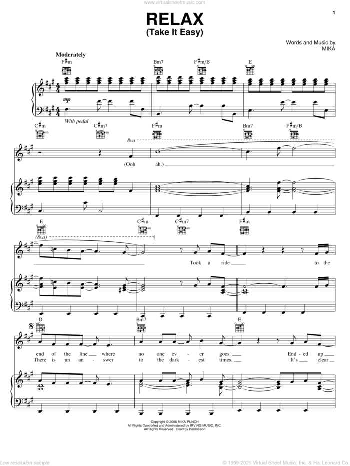 Relax (Take It Easy) sheet music for voice, piano or guitar by Mika, intermediate skill level