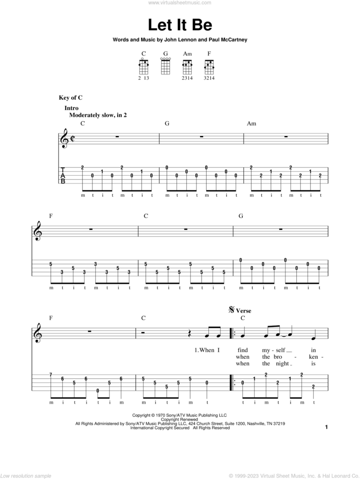 Let It Be sheet music for banjo solo by The Beatles, Kris Allen, John Lennon and Paul McCartney, intermediate skill level