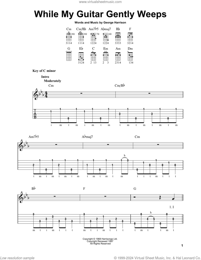 While My Guitar Gently Weeps sheet music for banjo solo by The Beatles and George Harrison, intermediate skill level