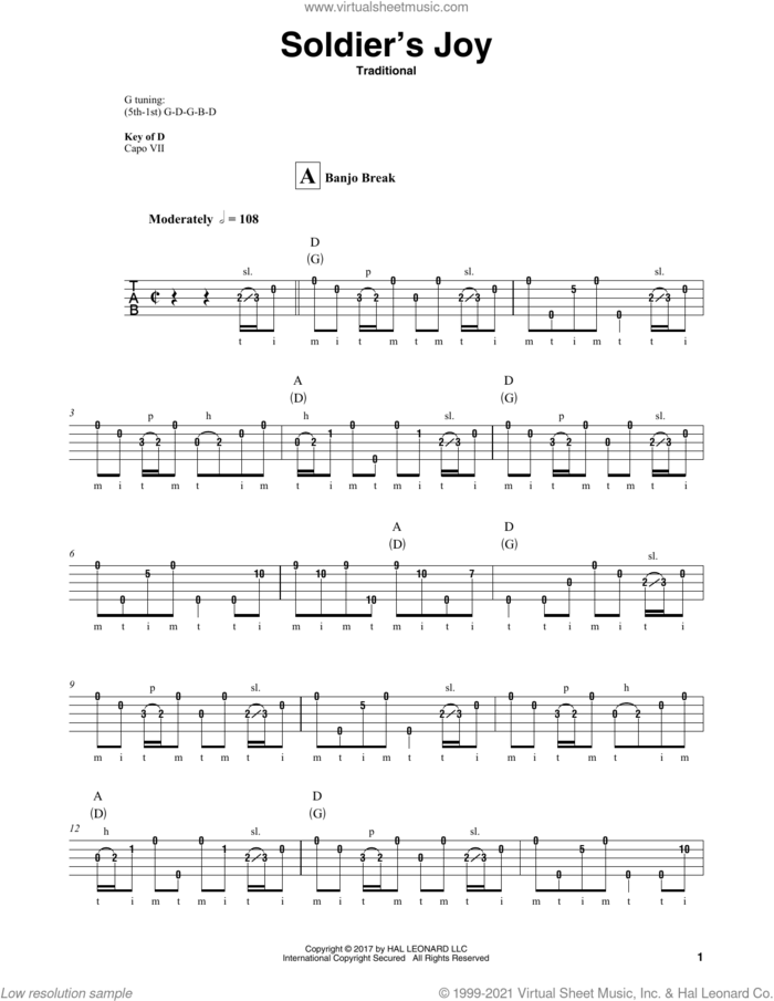 Soldier's Joy sheet music for banjo solo, intermediate skill level