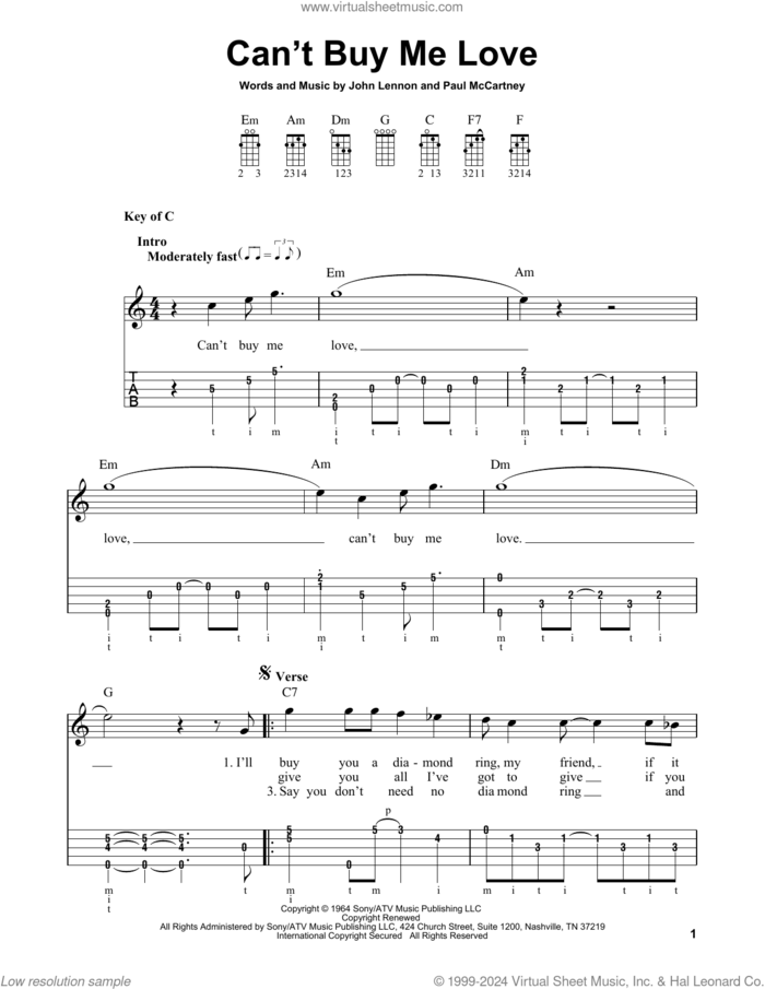 Can't Buy Me Love sheet music for banjo solo by The Beatles, John Lennon and Paul McCartney, intermediate skill level