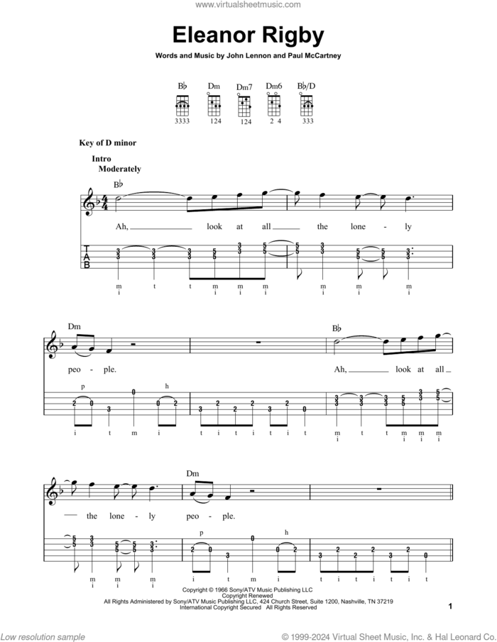 Eleanor Rigby sheet music for banjo solo by The Beatles, John Lennon and Paul McCartney, intermediate skill level